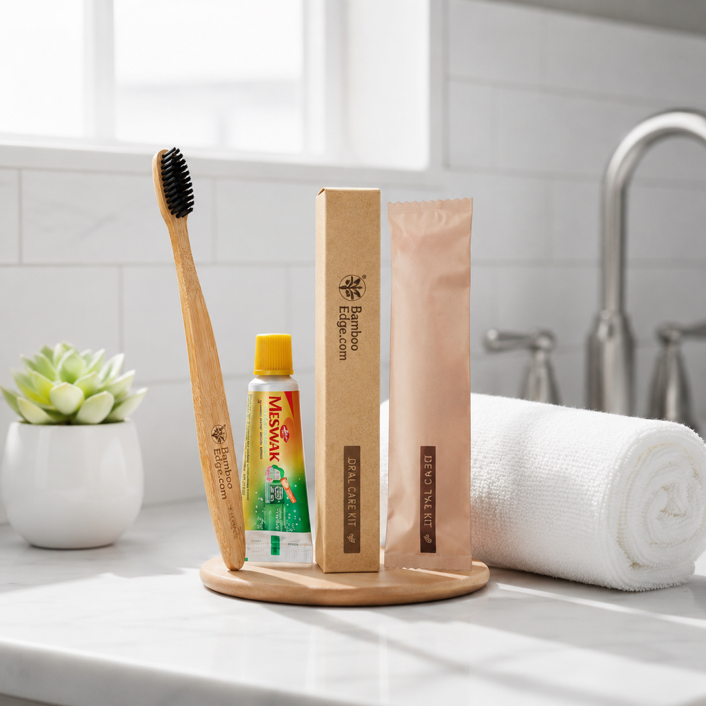 Hotel Amenities - Eco Dental Kit (Toothbrush + Tongue Cleaner + Small Toothpaste)