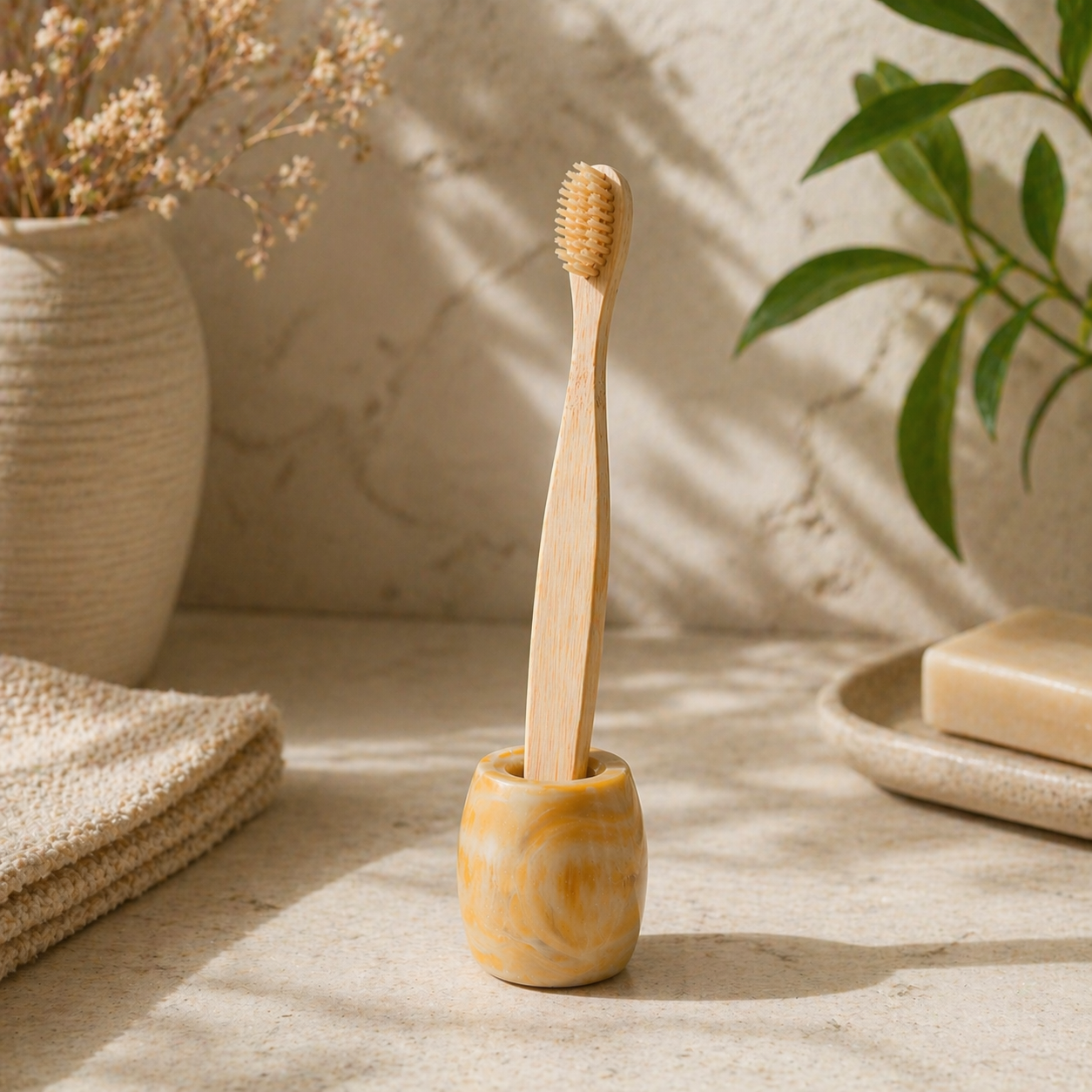 Bamboo Toothbrush with Holder Set