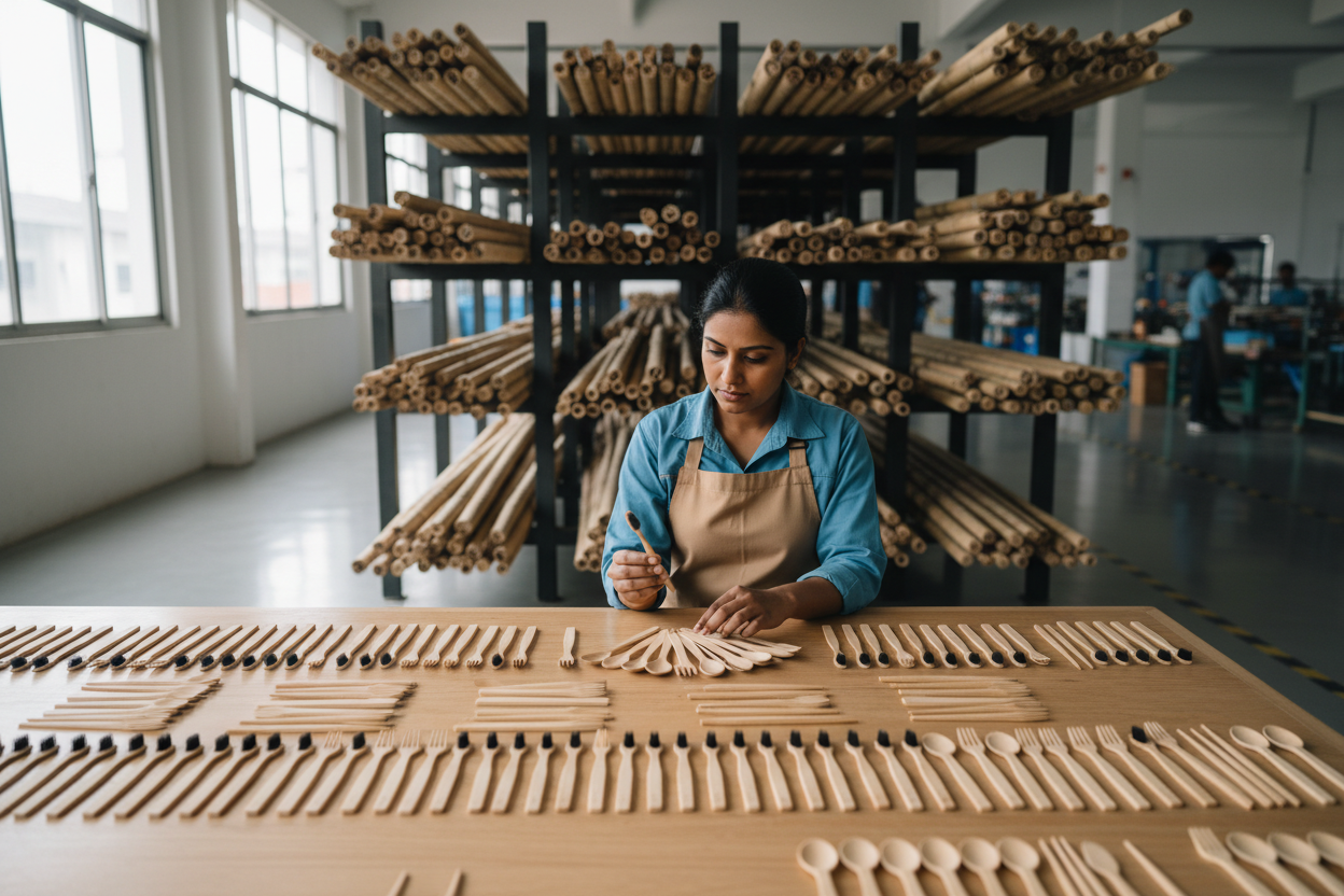 Female worker quality-checking bamboo products
