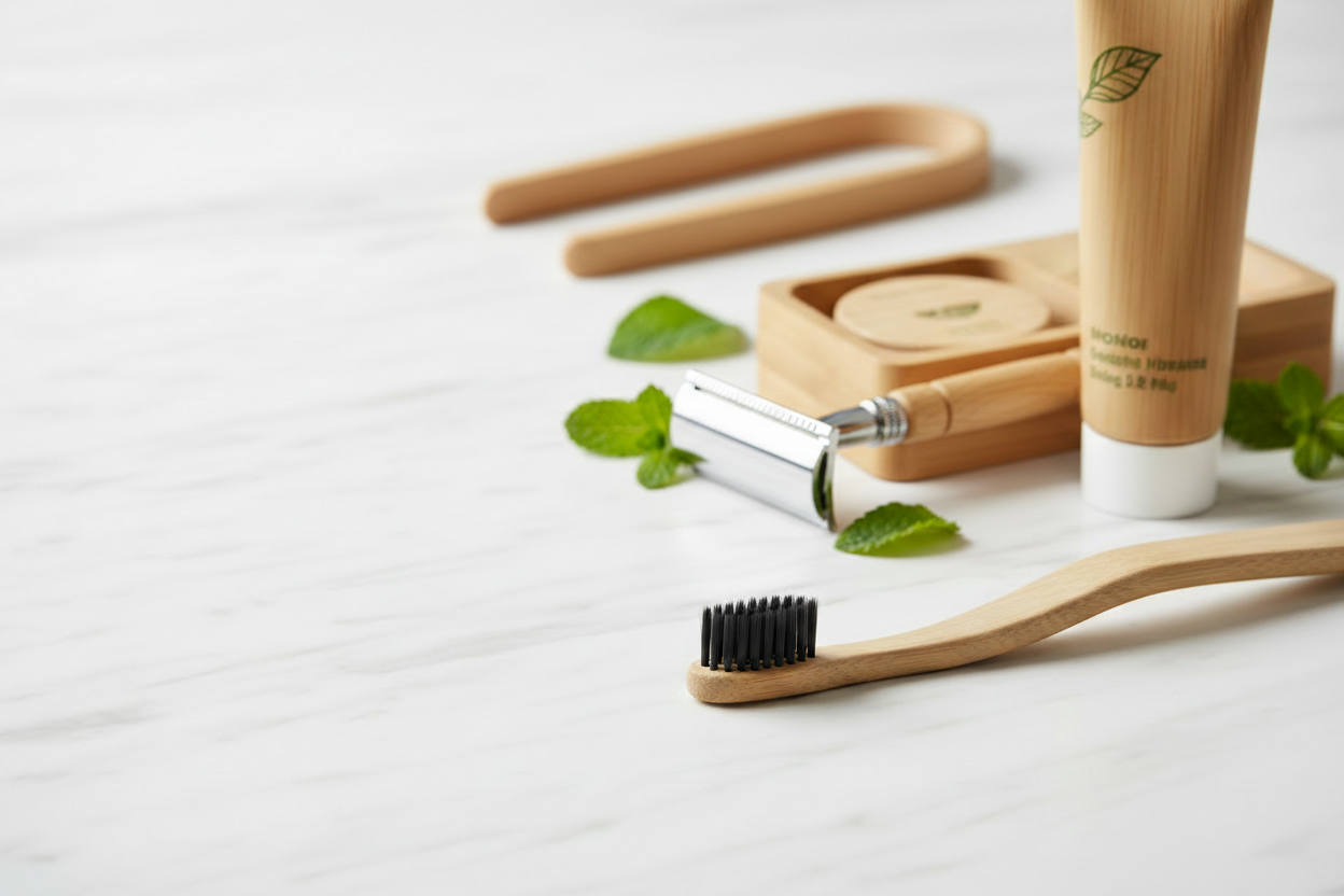 Razor, toothbrush and tongue cleaner on white marble